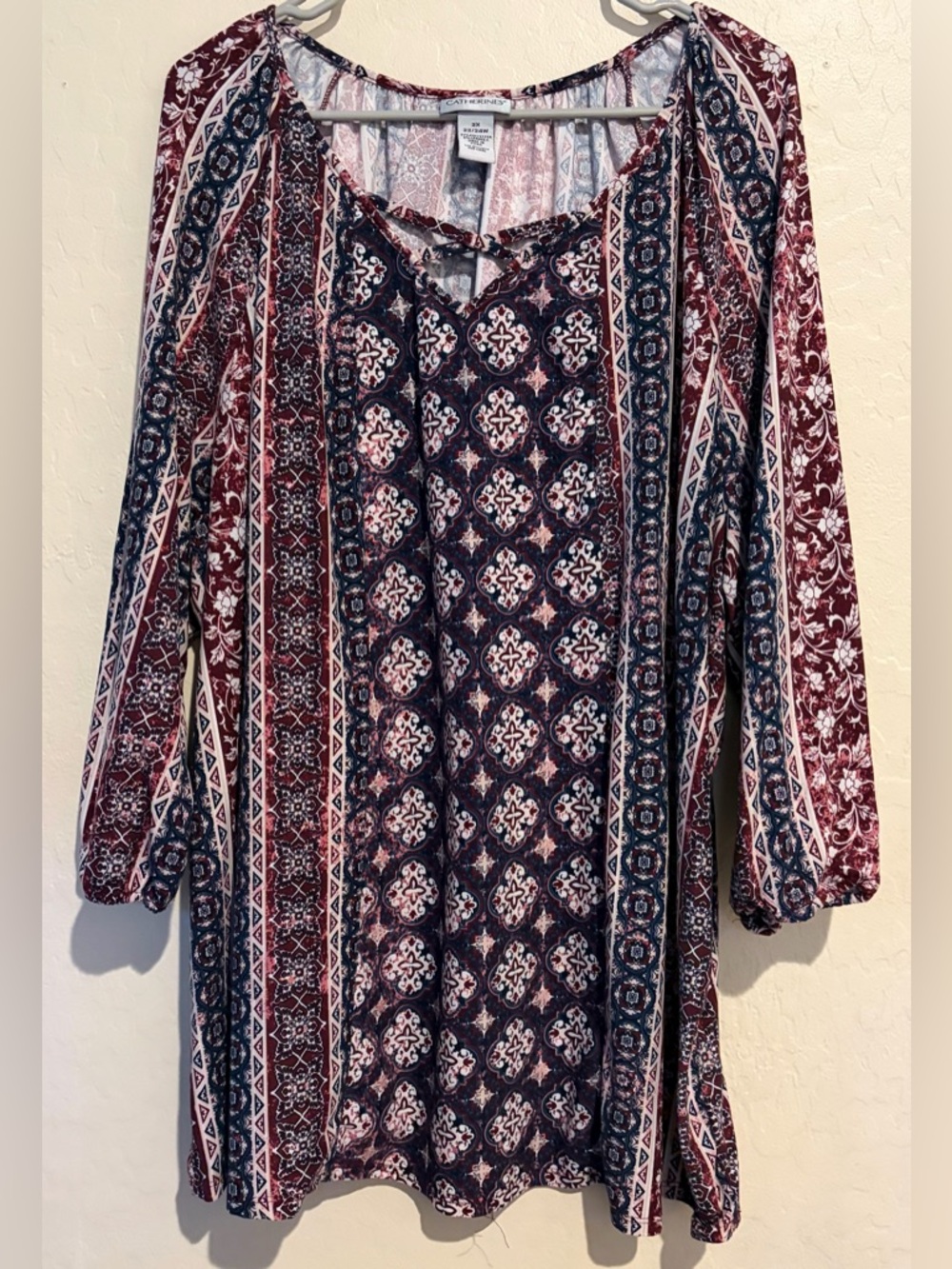 Catherines Plus Size Boho Peasant Blouse Red Blue Print 3/4 Sleeve Flowy Top- 2x